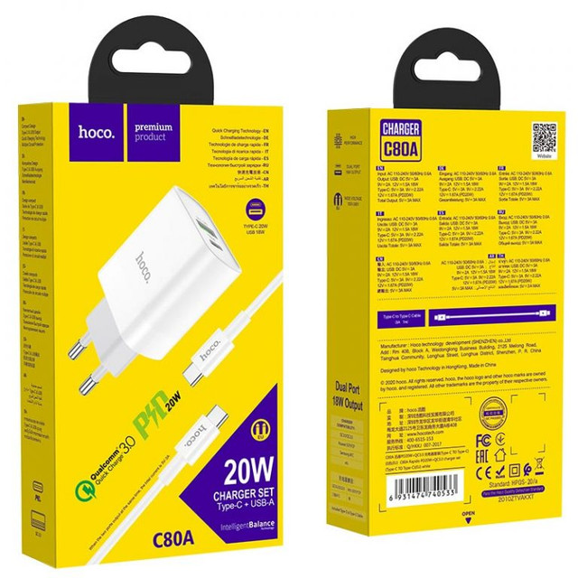 bộ sạc nhanh hoco c80a type-c ra type-c / pd 3.1a / 20w / qc 3